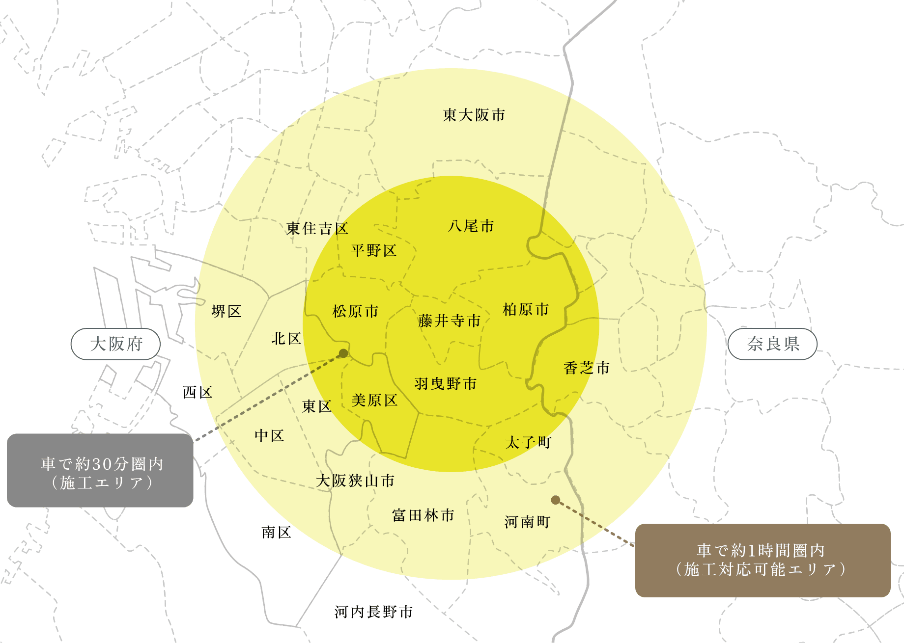 ミヤウチ建設の施工対応エリアMAP（藤井寺市・羽曳野市・柏原市・富田林市・松原市・南河内郡太子町・南河内郡河南町・堺市・八尾市・河内長野市・大阪狭山市・東大阪市・香芝市・大阪市一部ほか）