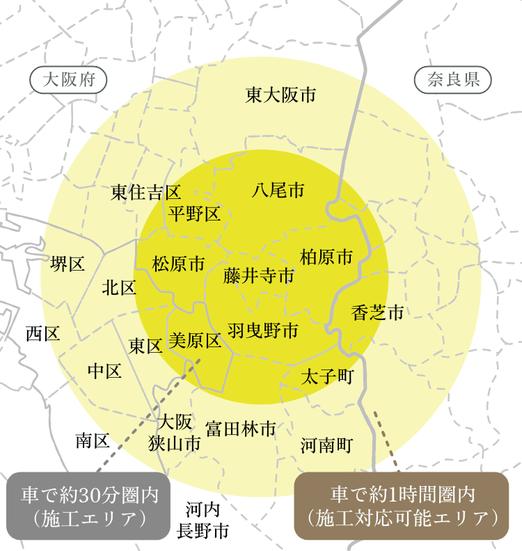 ミヤウチ建設の施工対応エリアMAP（藤井寺市・羽曳野市・柏原市・富田林市・松原市・南河内郡太子町・南河内郡河南町・堺市・八尾市・河内長野市・大阪狭山市・東大阪市・香芝市・大阪市一部ほか）